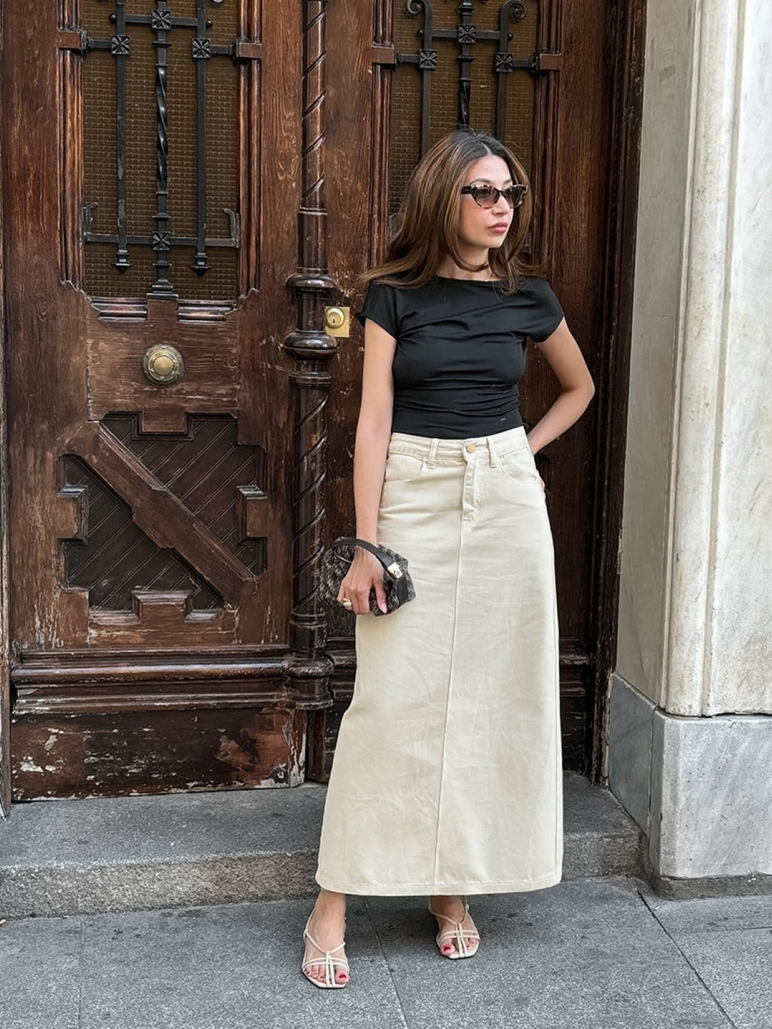 Cream Solid Maxi Pure Cotton Skirt