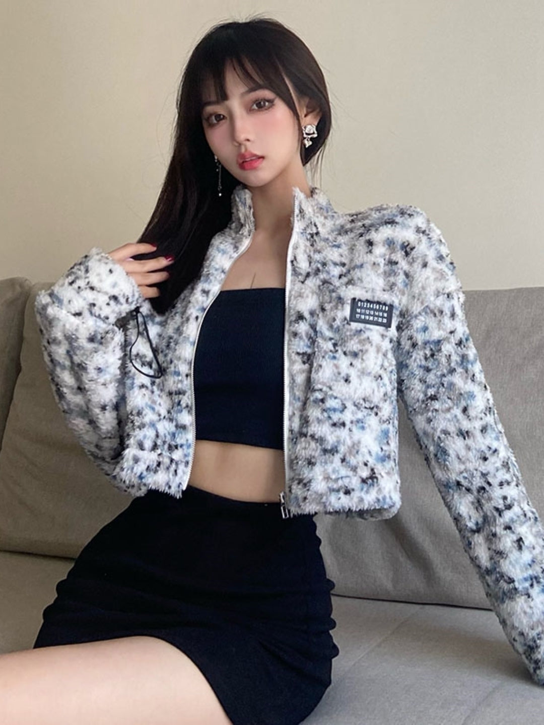 White Lapel Collar Printed Long Sleeves Polyester Crop Open Front Jacket