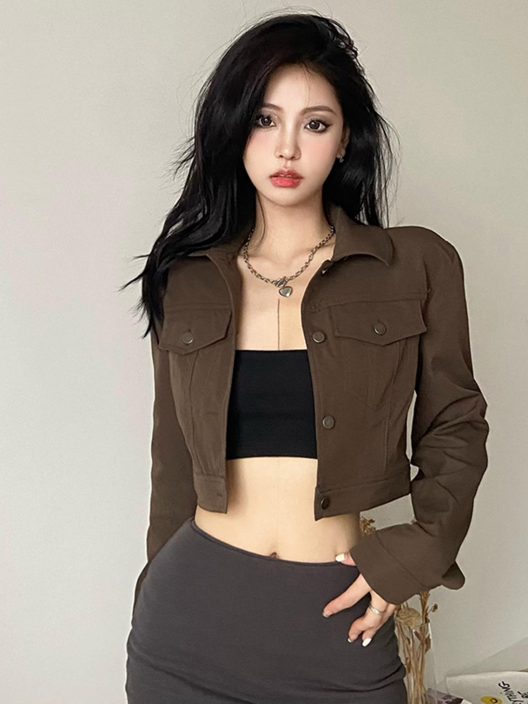 Brown Lapel Collar Solid Long Sleeves Polyester Crop Open Front Jacket