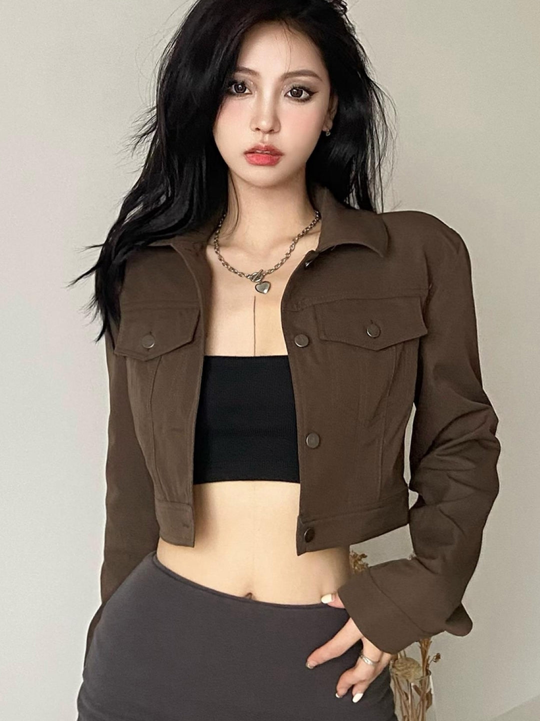 Brown Lapel Collar Solid Long Sleeves Polyester Crop Open Front Jacket