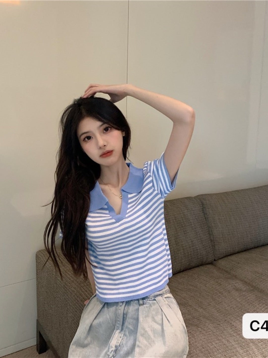 Blue Shirt Collar Short Sleeves Horizontal Stripes Top