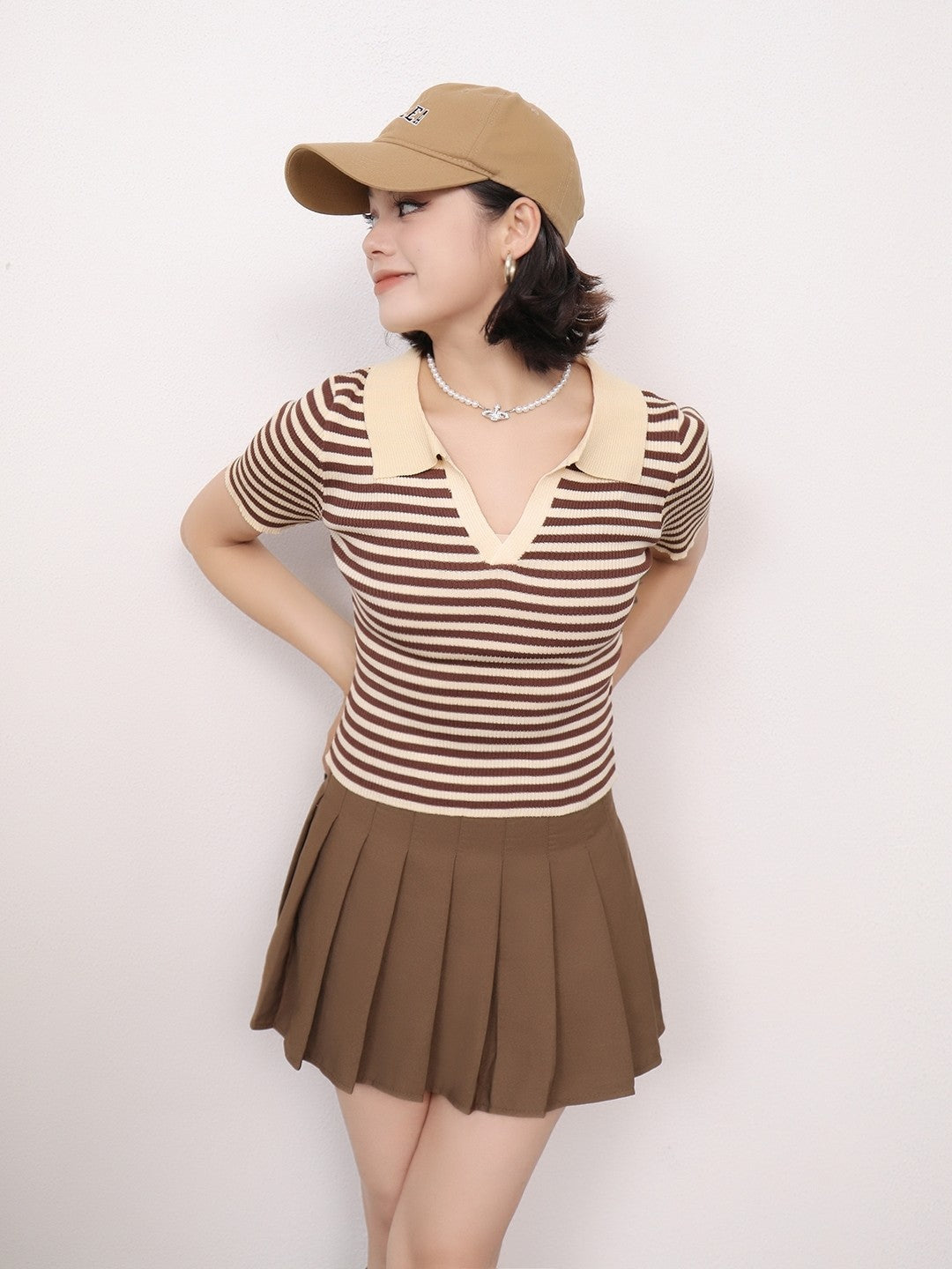 Brown Shirt Collar Short Sleeves Horizontal Stripes Top