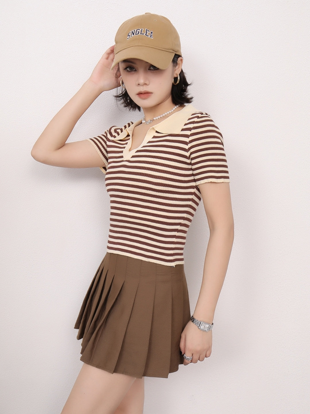 Brown Shirt Collar Short Sleeves Horizontal Stripes Top