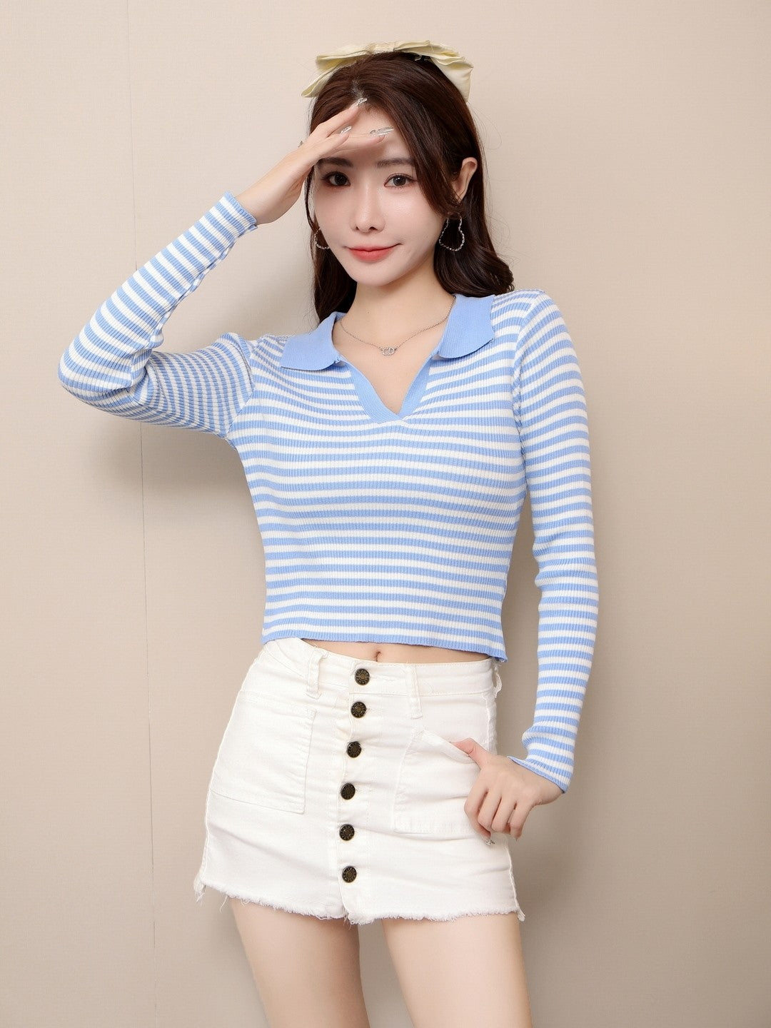 Blue Shirt Collar Long Sleeves Horizontal Stripes Top