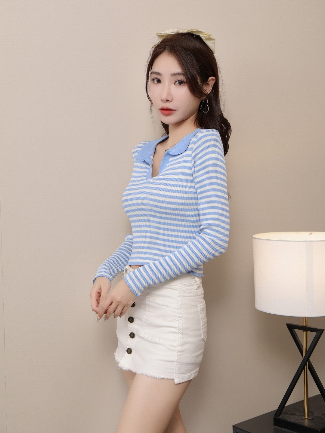 Blue Shirt Collar Long Sleeves Horizontal Stripes Top