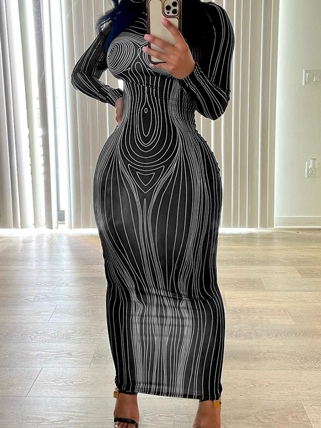 Black Round Neck Abstract Long Sleeves Bodycon Polyester Maxi Dress