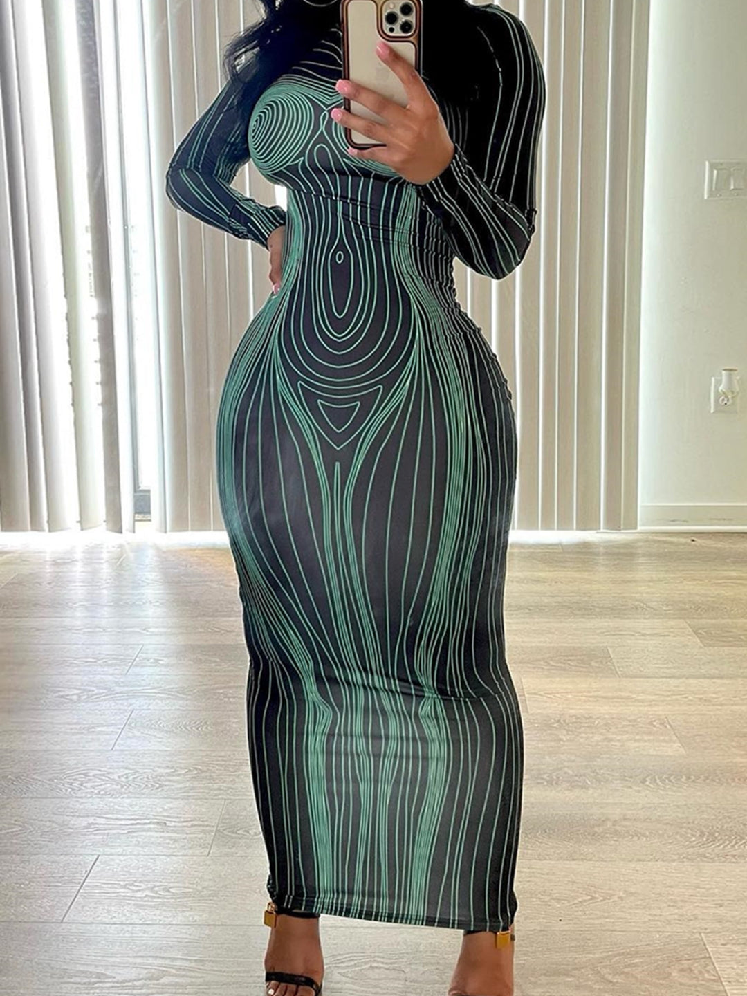 Green Round Neck Abstract Long Sleeves Bodycon Polyester Maxi Dress
