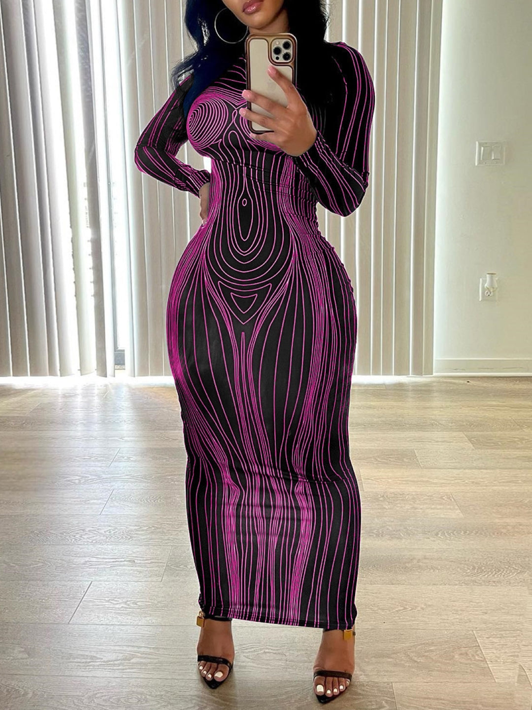 Purple Round Neck Abstract Long Sleeves Bodycon Polyester Maxi Dress