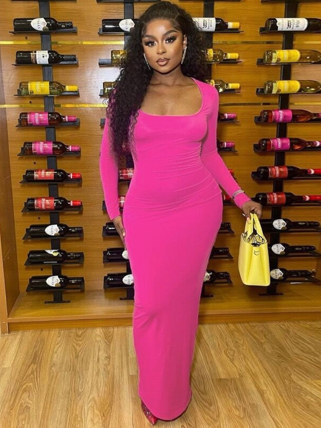 Pink Round Neck Solid Long Sleeves Bodycon Polyester Maxi Dress