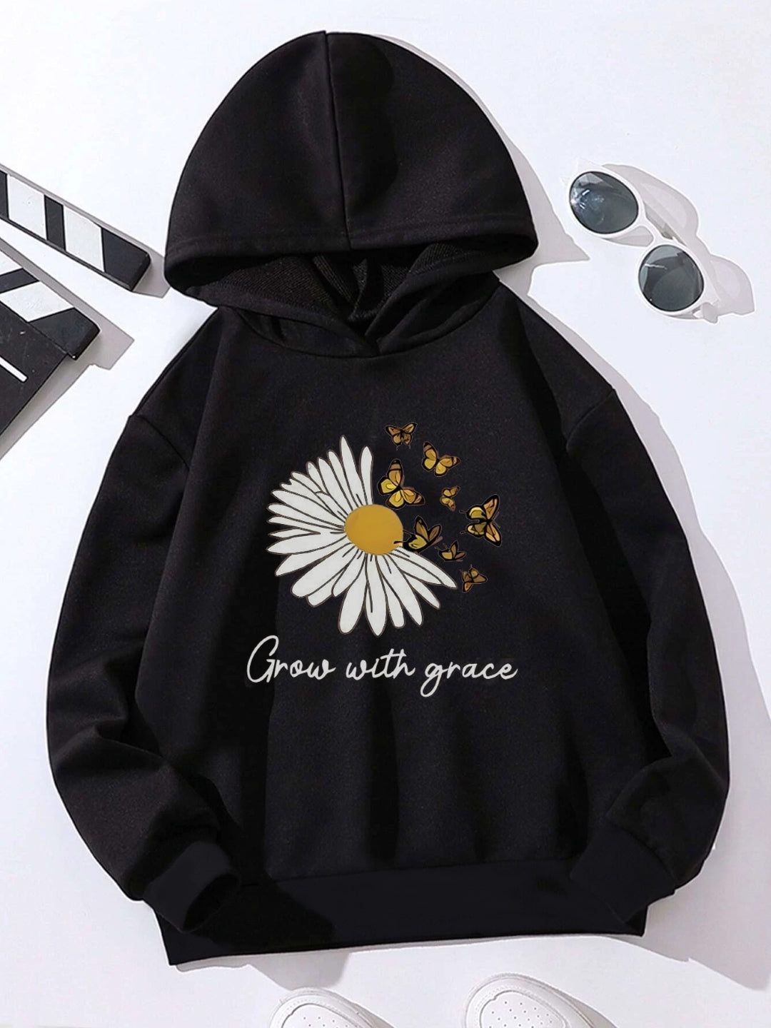 Black Graphics Printed Long Sleeves Polyester Hoodie