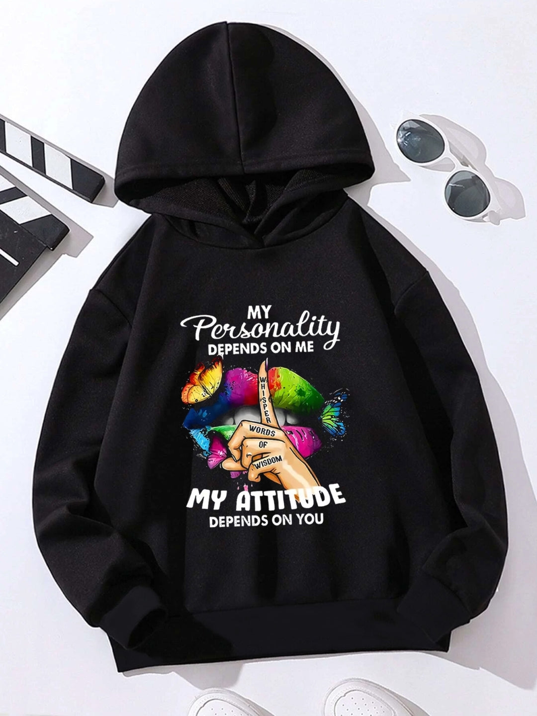 Black Graphics Printed Long Sleeves Polyester Hoodie