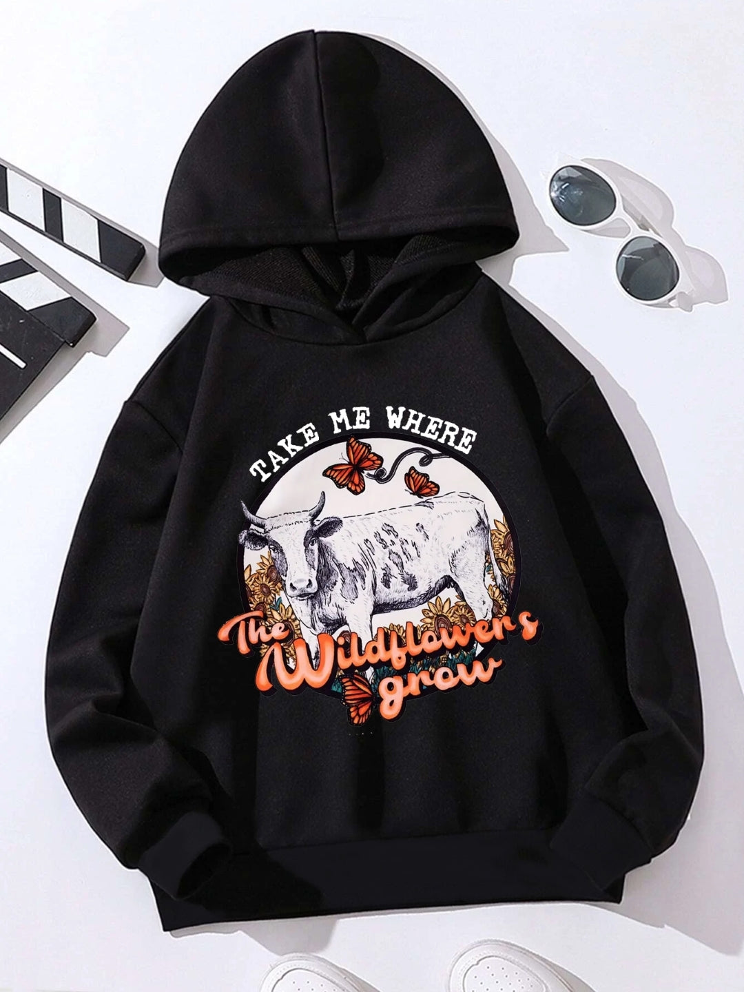 Black Graphics Printed Long Sleeves Polyester Hoodie