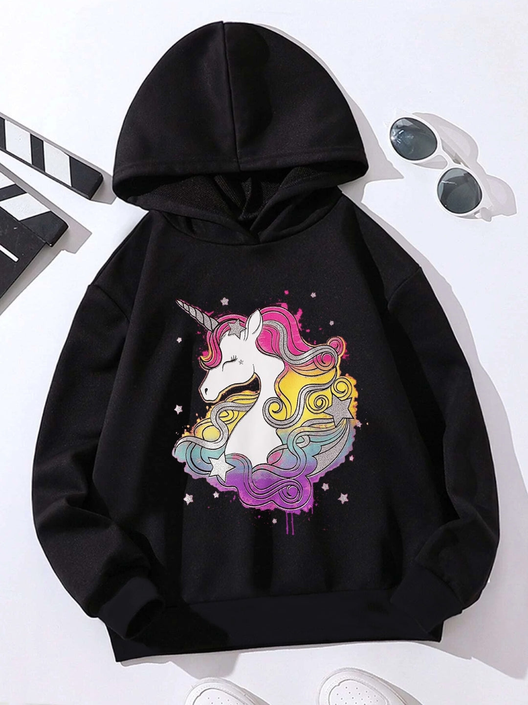 Black Graphics Printed Long Sleeves Polyester Hoodie