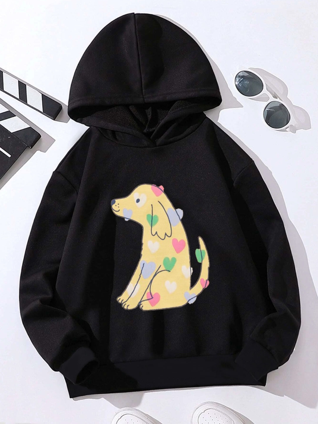 Black Graphics Printed Long Sleeves Polyester Hoodie