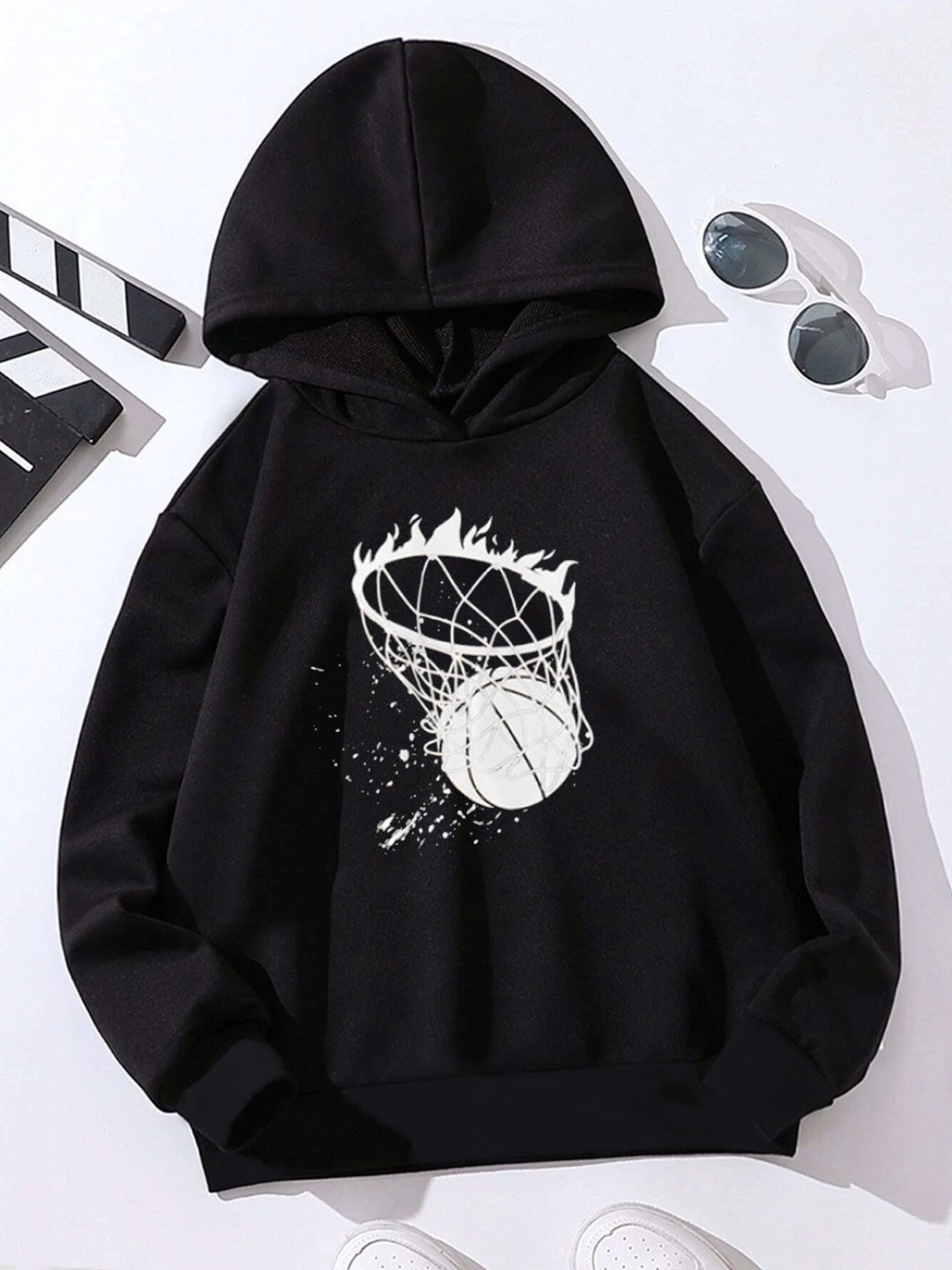 Black Graphics Printed Long Sleeves Polyester Hoodie