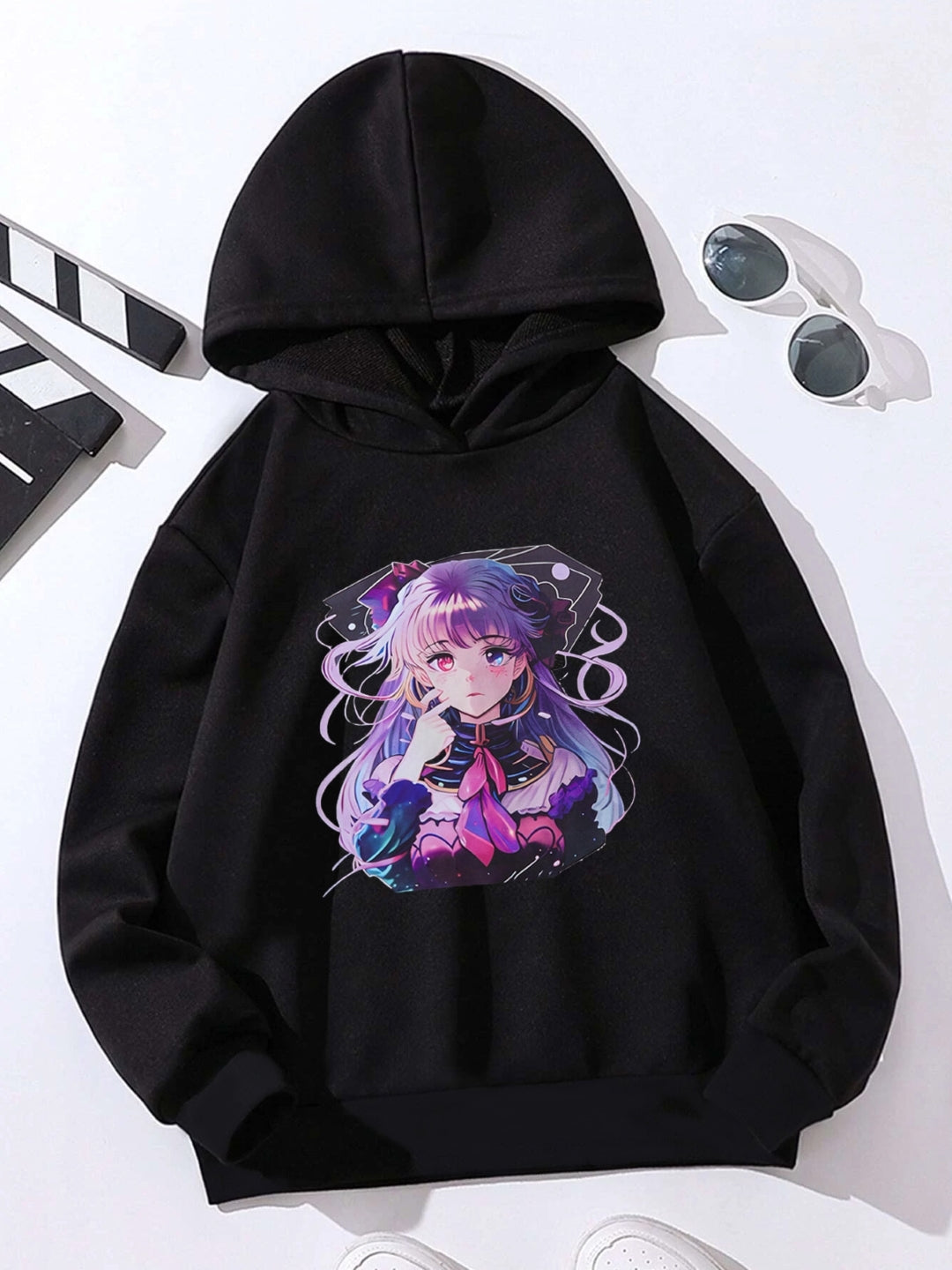 Black Graphics Printed Long Sleeves Polyester Hoodie