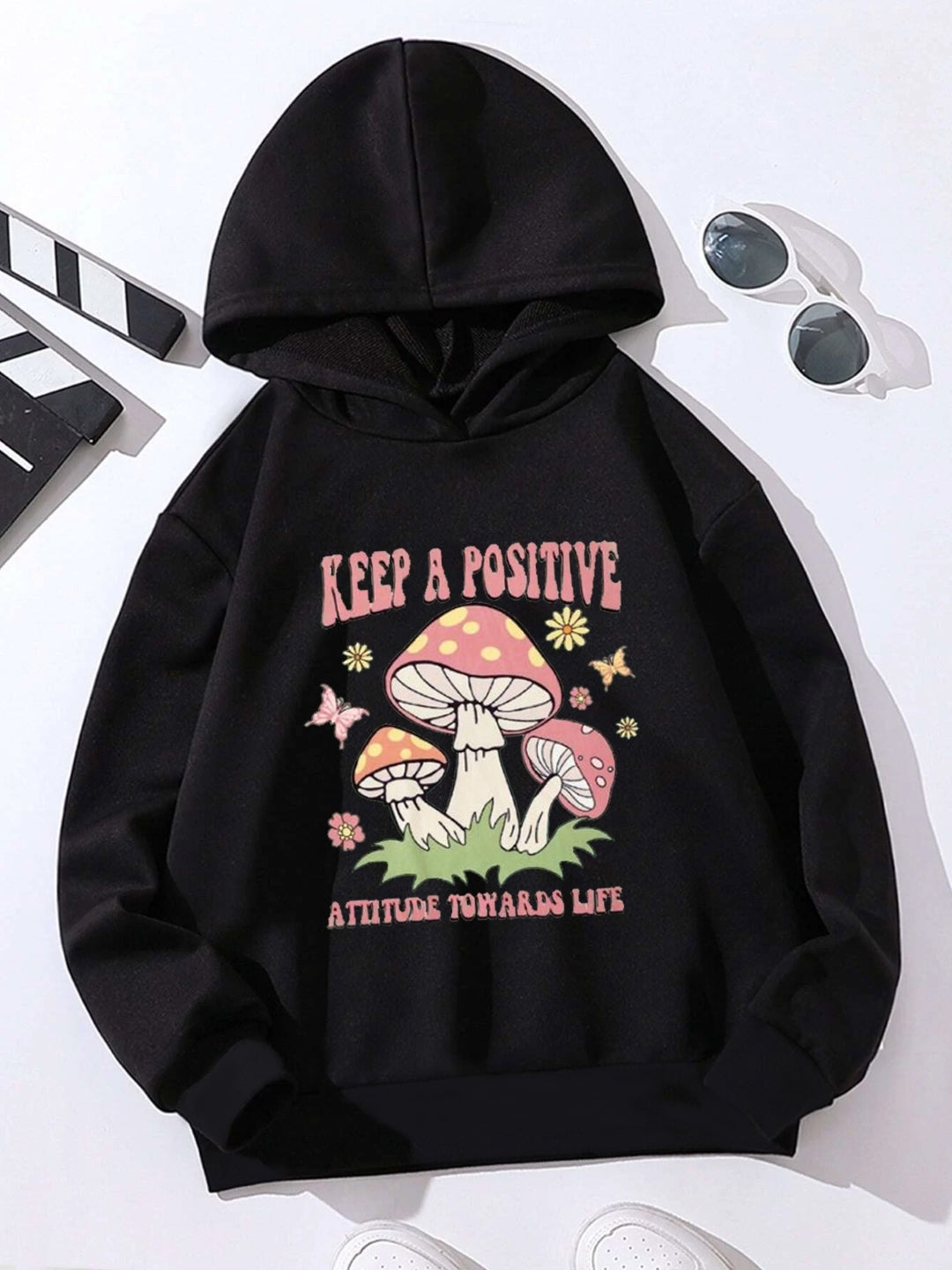 Black Graphics Printed Long Sleeves Polyester Hoodie