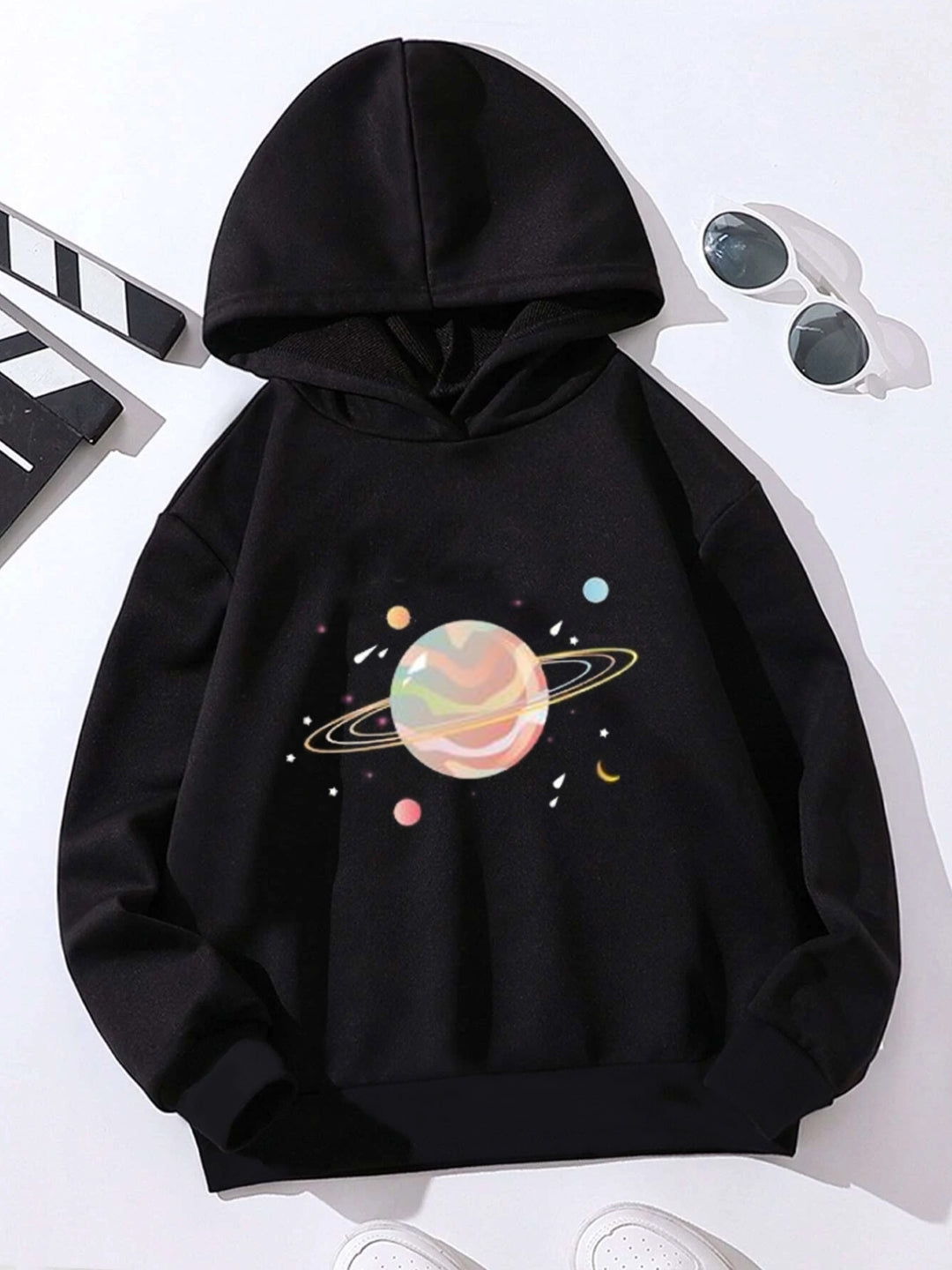 Black Graphics Printed Long Sleeves Polyester Hoodie