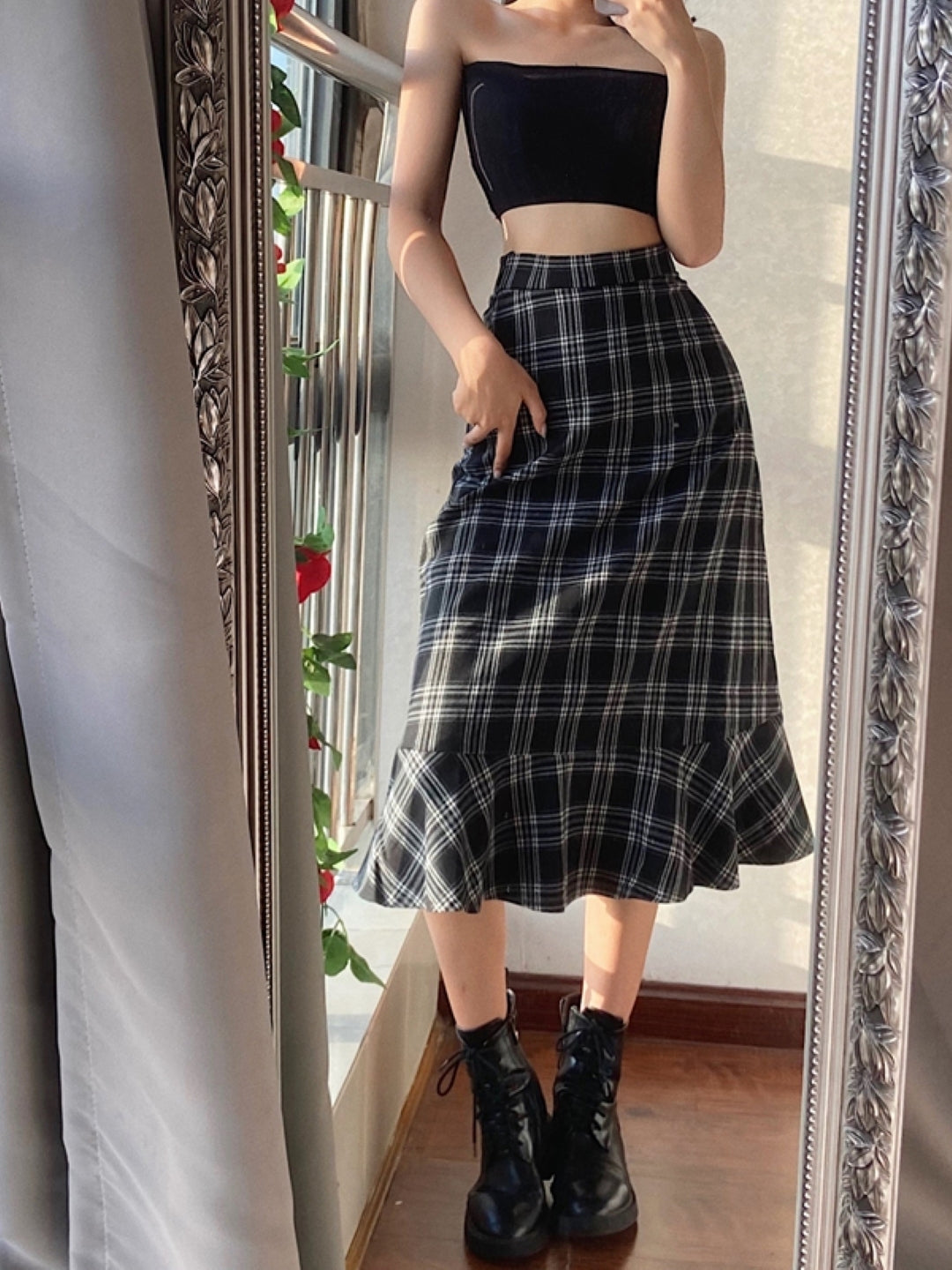 Black Flared Maxi Casual Cotton Checked Skirt