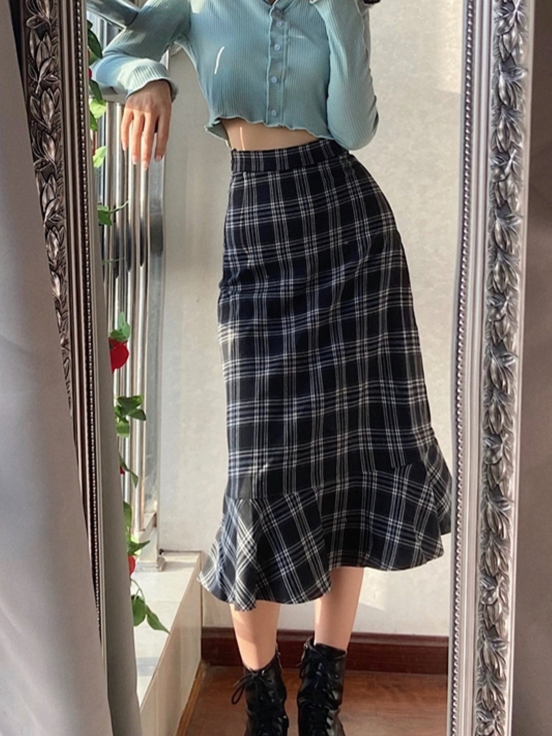 Black Flared Maxi Casual Cotton Checked Skirt