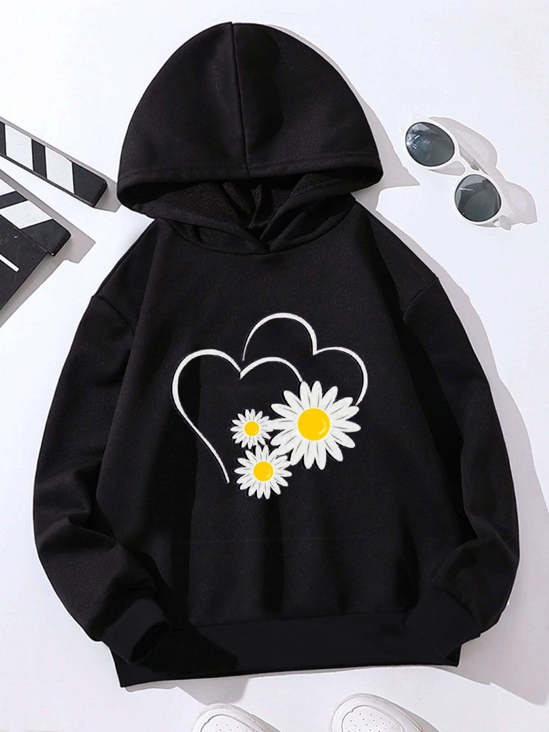 Black Graphics Printed Long Sleeves Polyester Hoodie