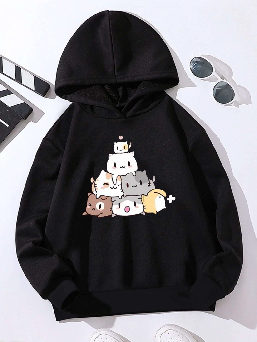 Black Graphics Printed Long Sleeves Polyester Hoodie