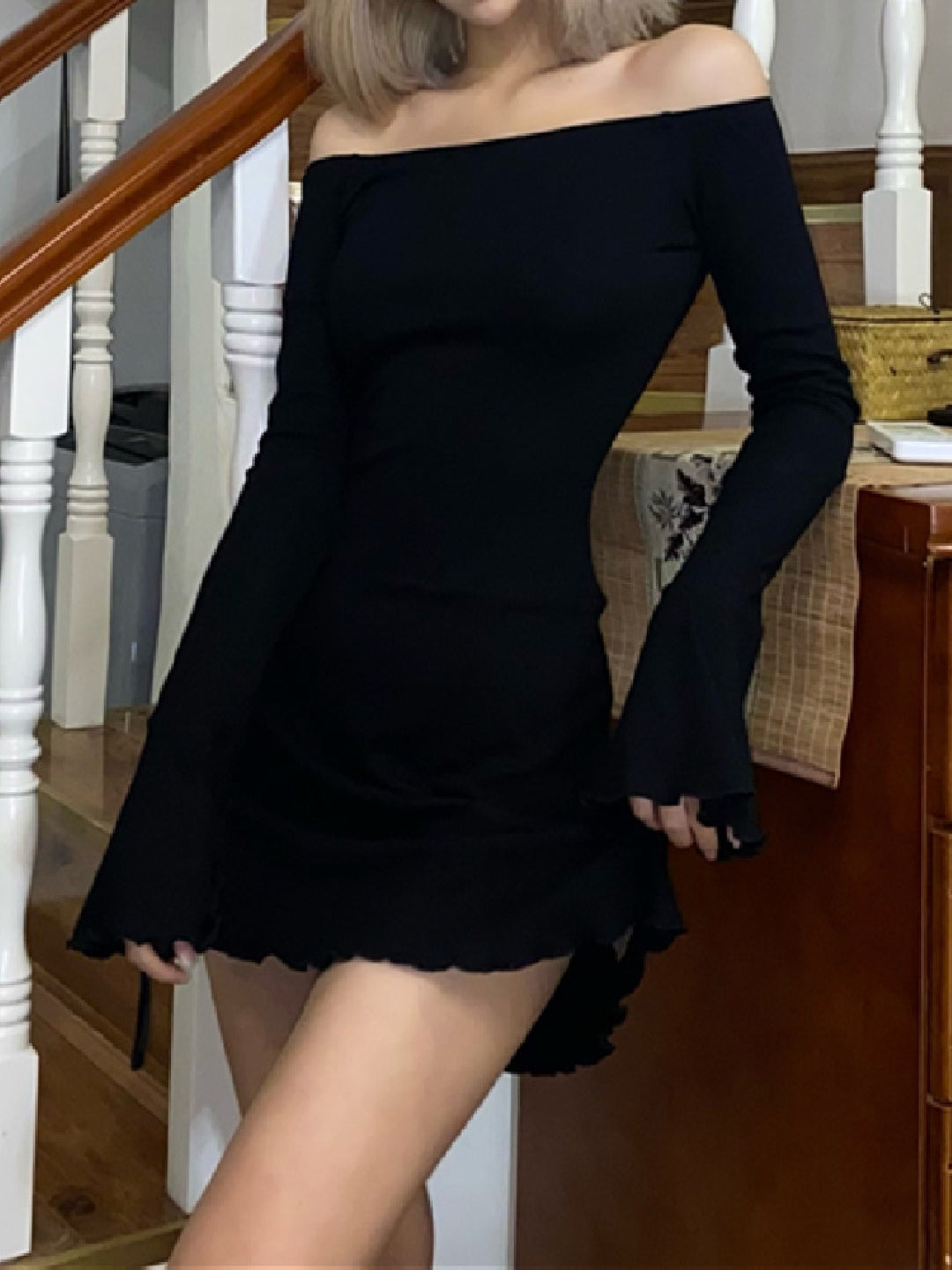 Black Off-Shoulder Solid Bodycon Above Knee Long Sleeves Cotton Dress