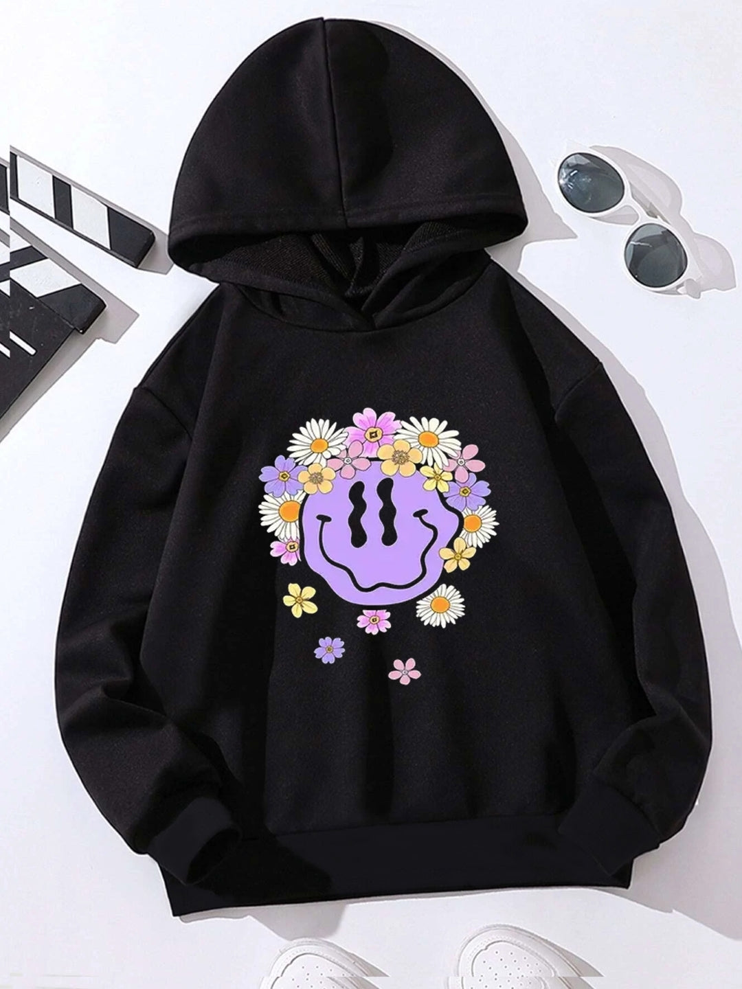 Black Graphics Printed Long Sleeves Polyester Hoodie