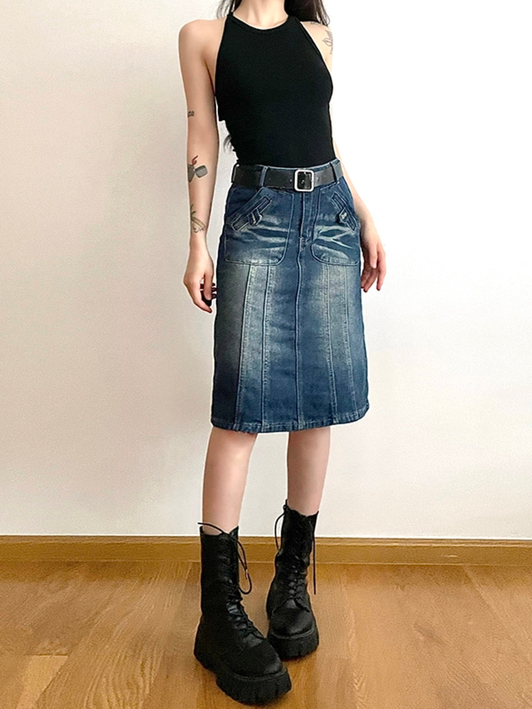 Blue Straight Knee Length Casual Cotton Solid Skirt