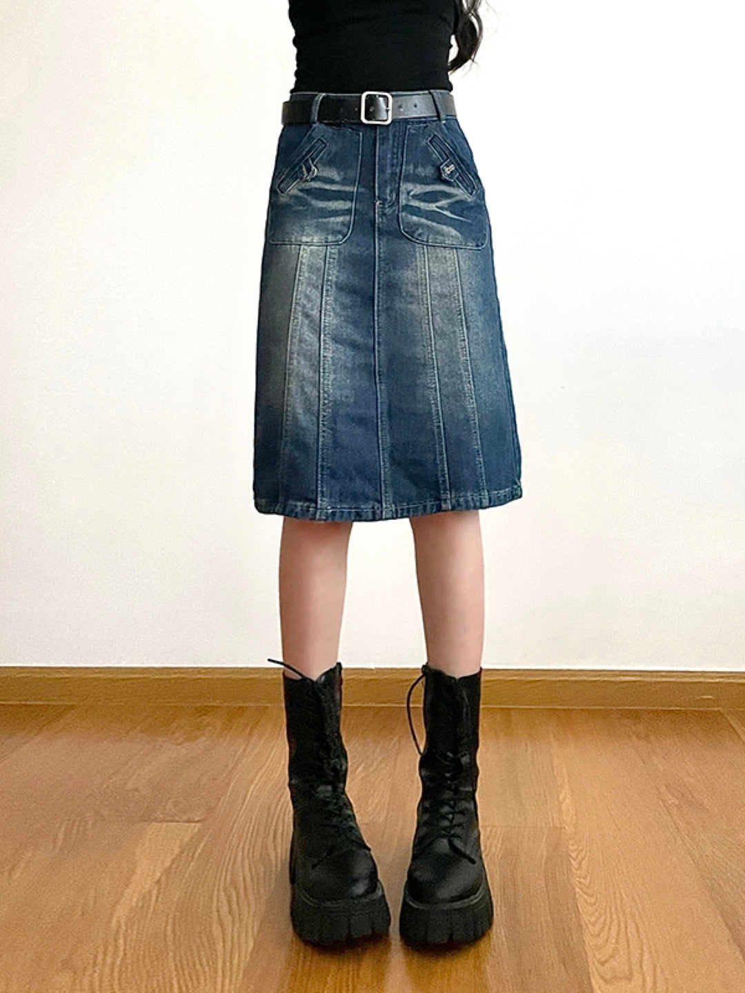 Blue Straight Knee Length Casual Cotton Solid Skirt