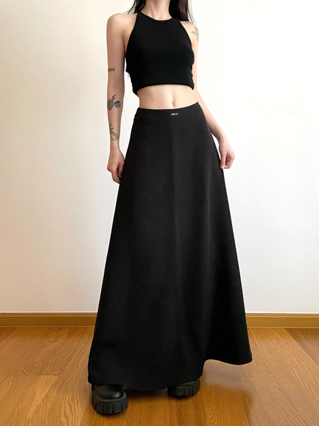 Black Flared Maxi Casual Polyester Solid Skirt