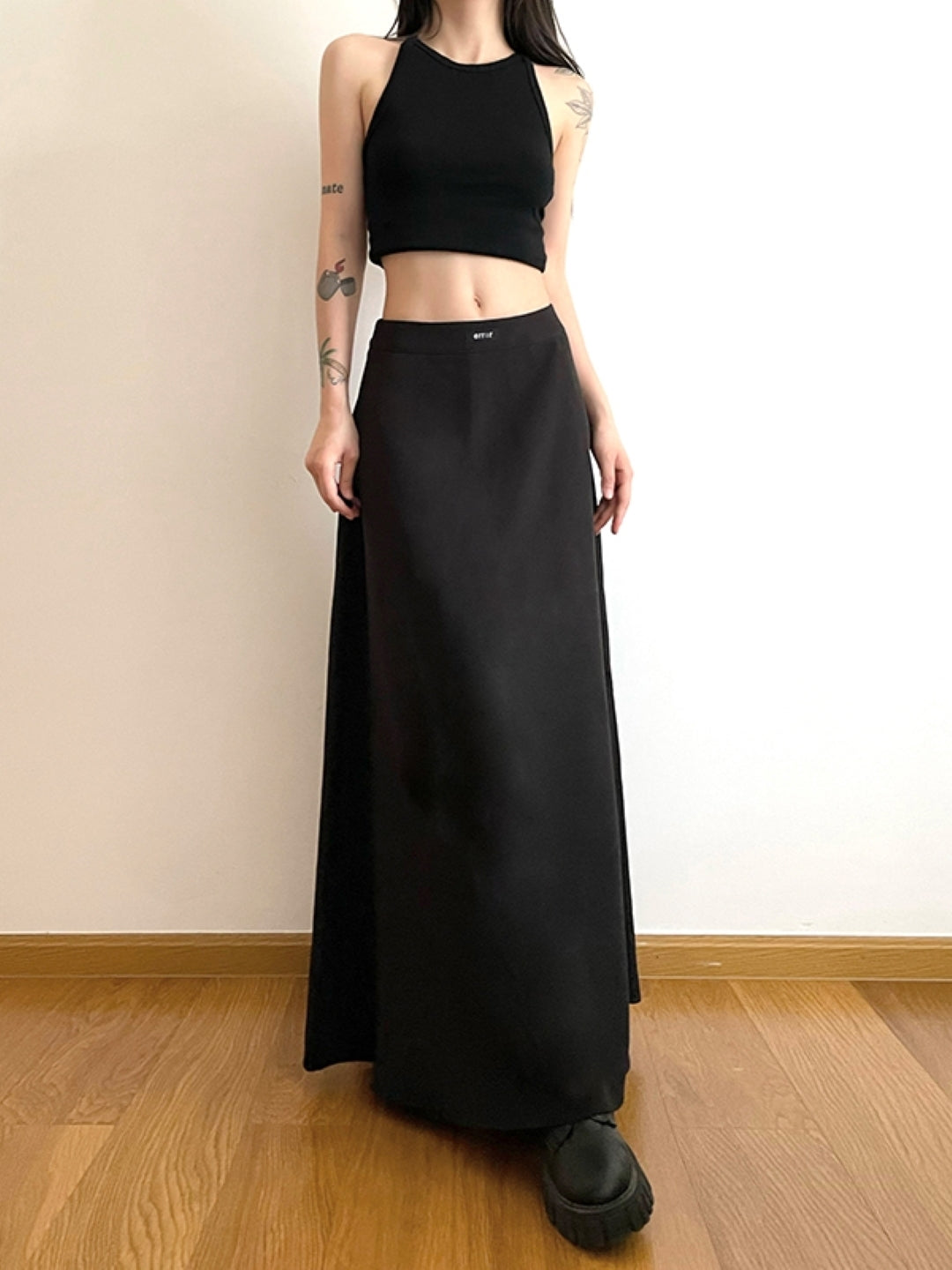 Black Flared Maxi Casual Polyester Solid Skirt