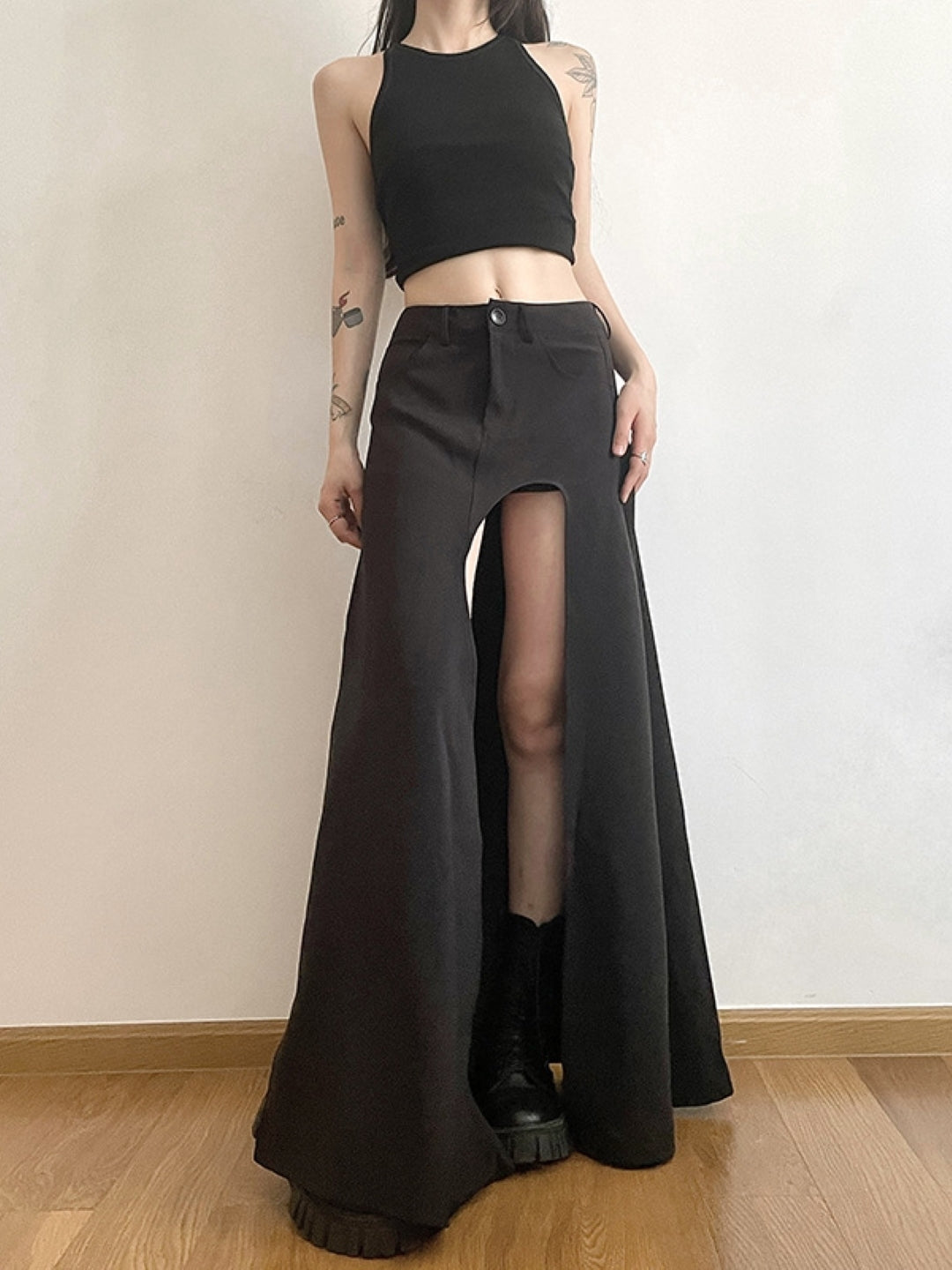 Black Flared Maxi Casual Polyester Solid Skirt