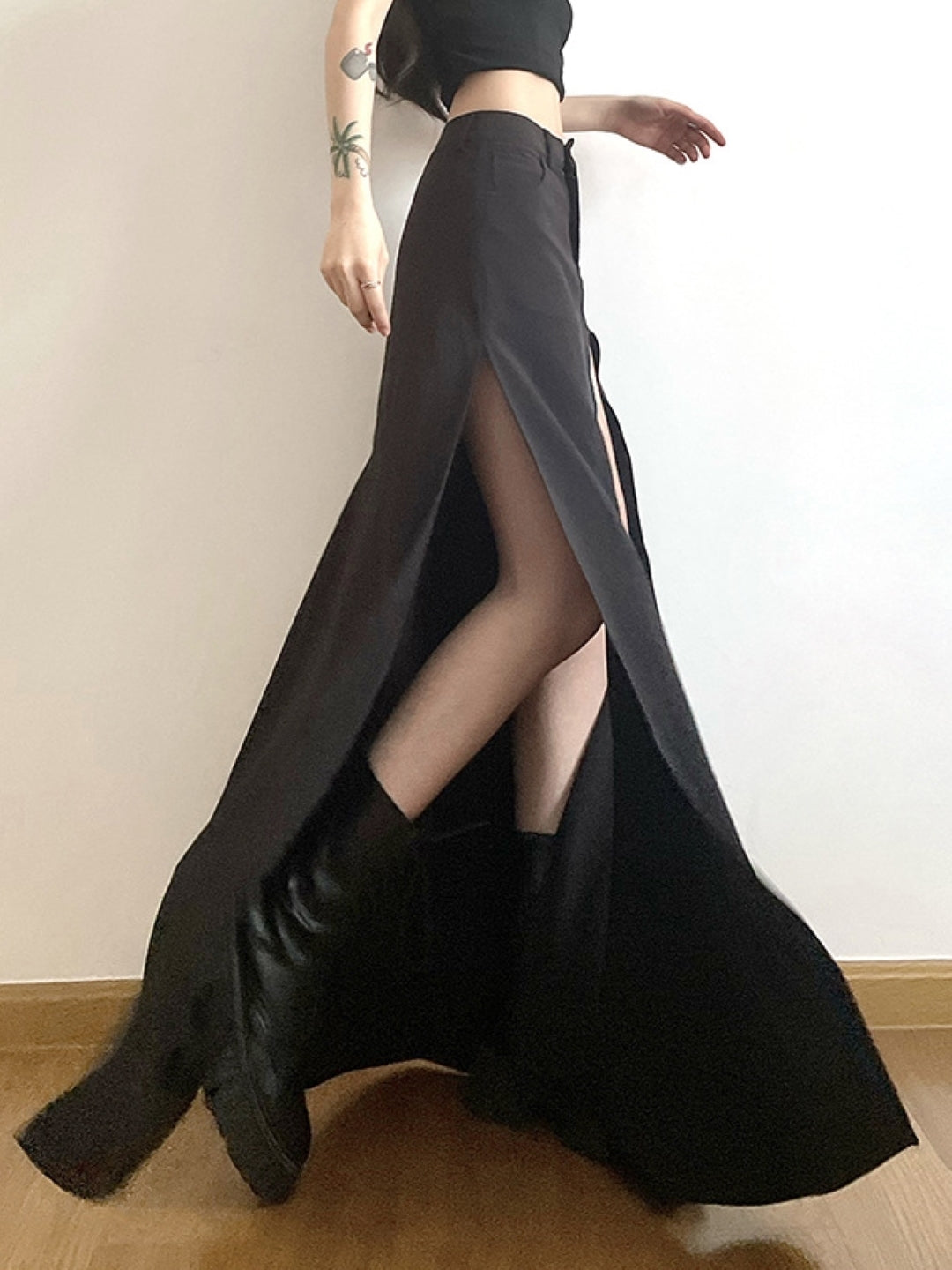 Black Flared Maxi Casual Polyester Solid Skirt