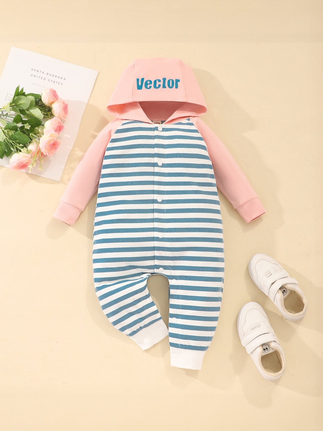 Blue Hood Neck Striped Long Sleeves Cotton Rompers