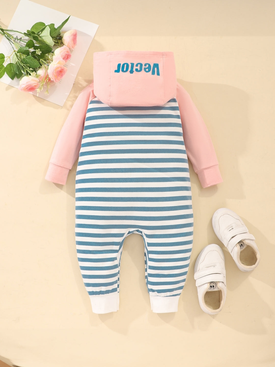 Blue Hood Neck Striped Long Sleeves Cotton Rompers