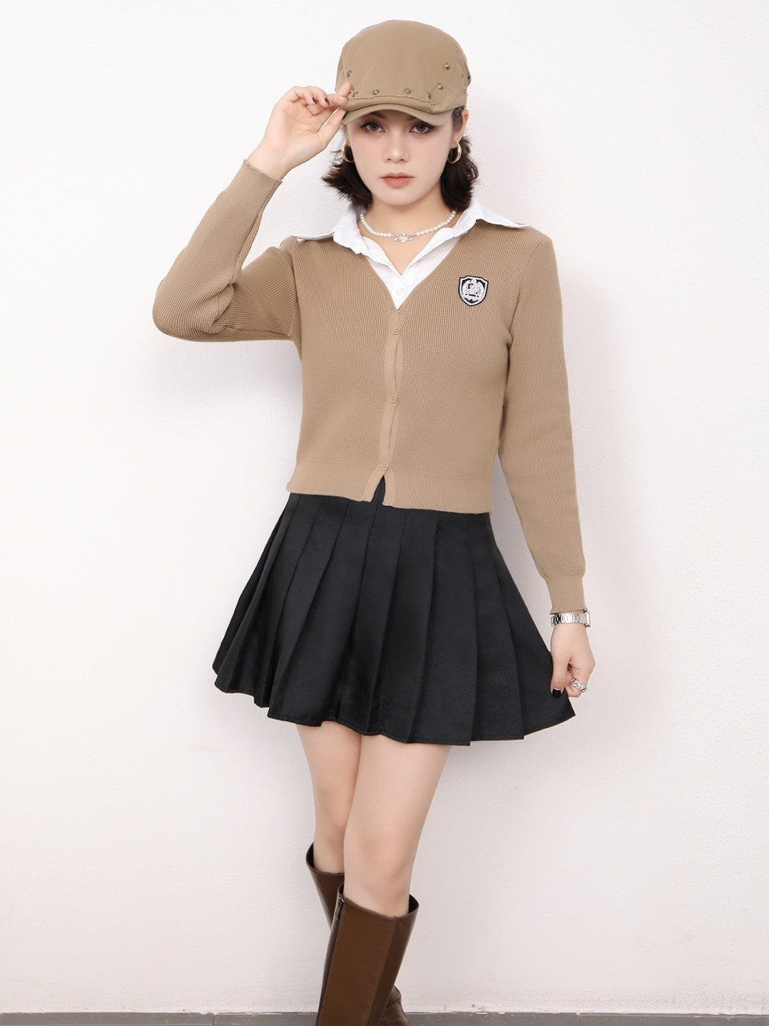 Brown Shirt Collar Long Sleeves Solid Top