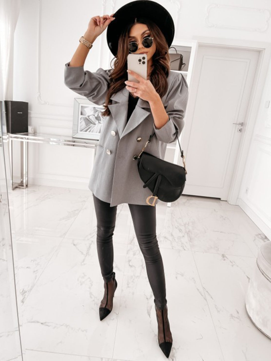 Grey Shirt Collar Solid Three-Quarter Sleeves Polyester Top