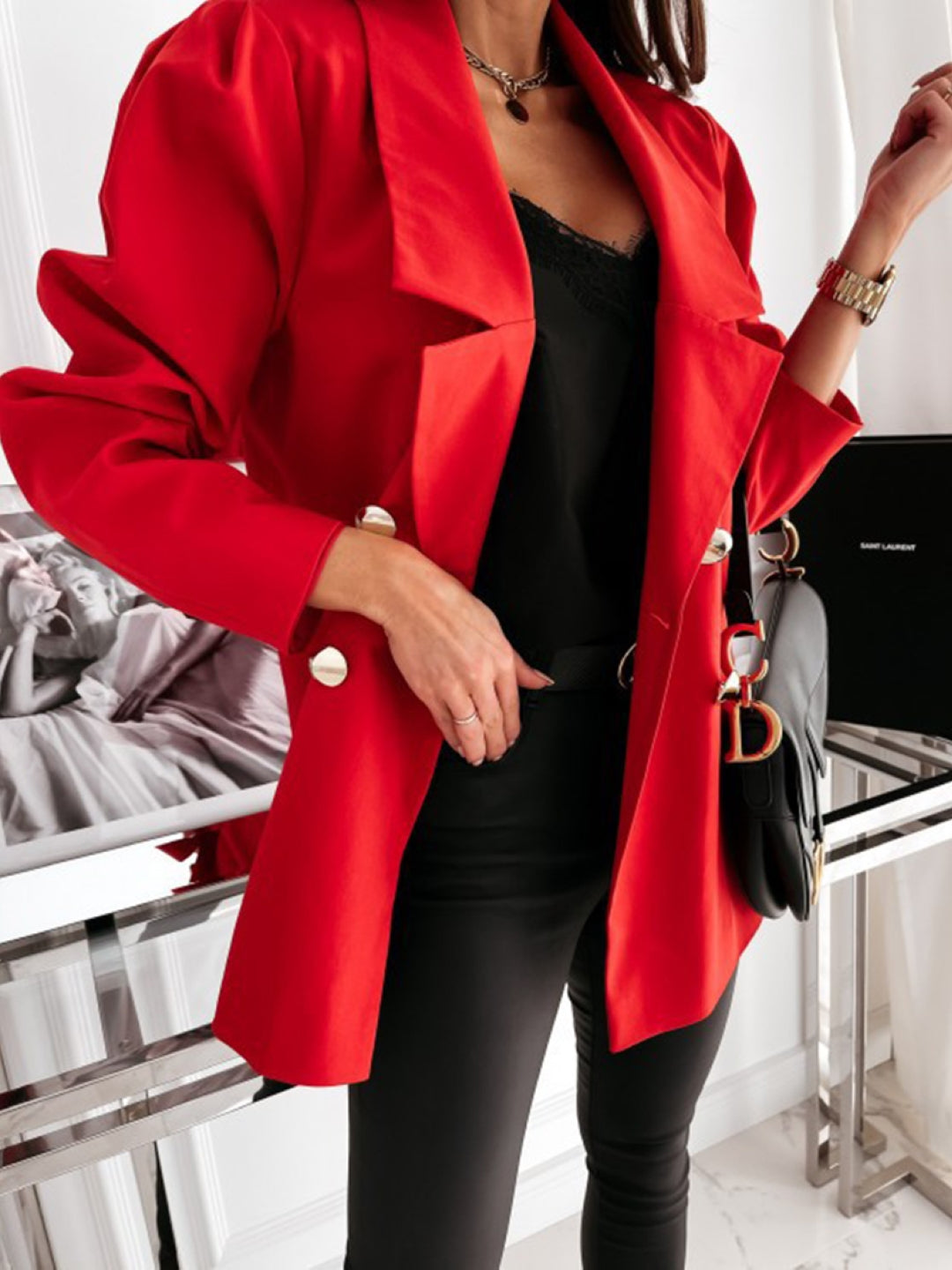 Red Shirt Collar Solid Three-Quarter Sleeves Polyester Top
