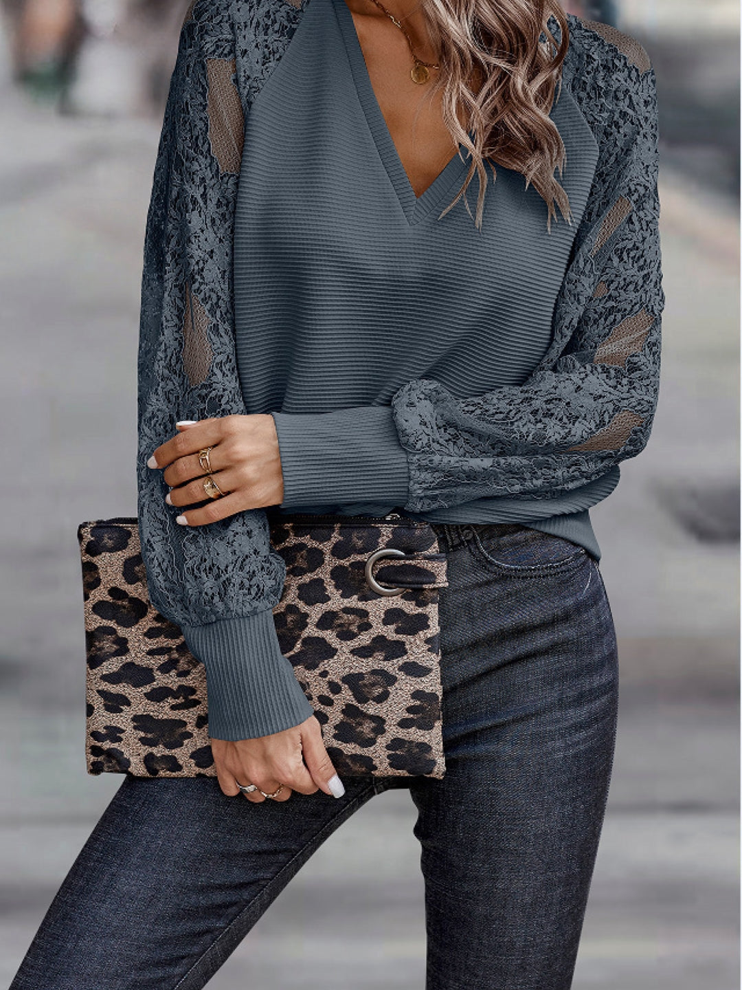 Blue V-Neck Solid Long Sleeves Polyester Top