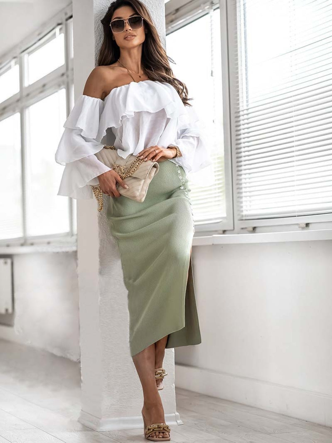 Green Solid Straight Casual Polyester Side Slit Skirt