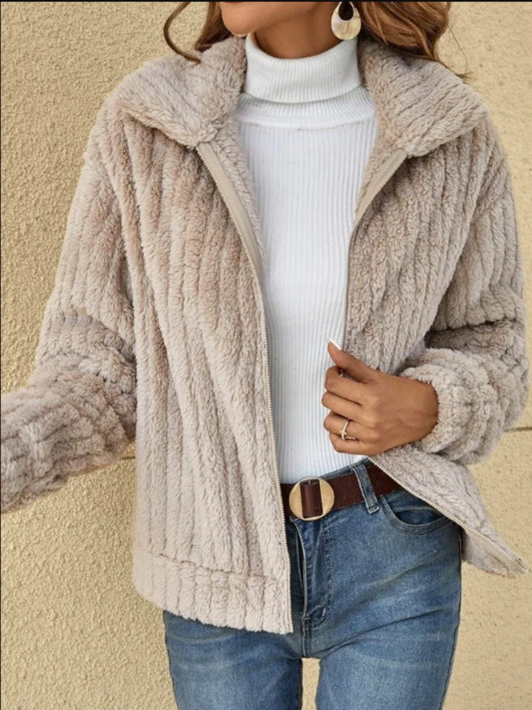 Khaki Shirt Collar Solid Long Sleeves Polyester Top