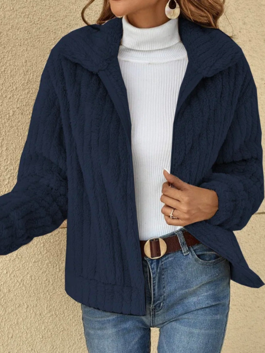 Navy Blue Shirt Collar Solid Long Sleeves Polyester Top