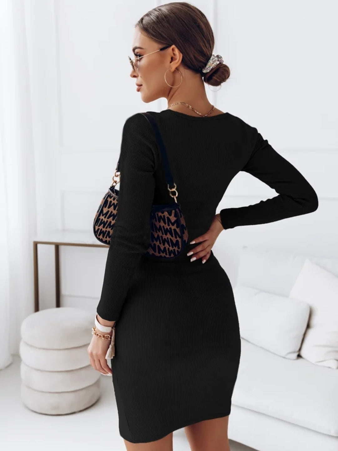 Black Round Neck Solid Long Sleeves Bodycon Polyester Above Knee Dress