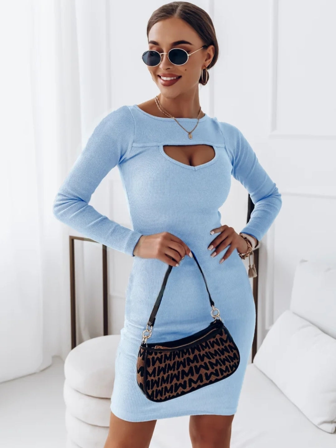 Blue Round Neck Solid Long Sleeves Bodycon Polyester Above Knee Dress