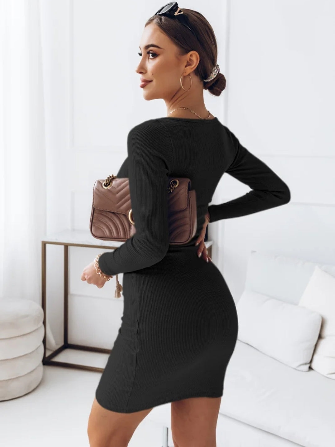 Black Round Neck Solid Long Sleeves Bodycon Polyester Knee Length Dress