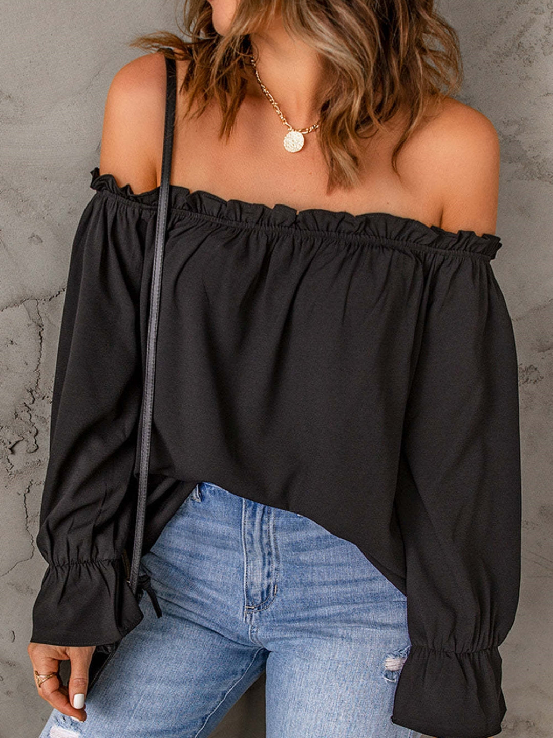 Black Off-Shoulder Solid Long Sleeves Polyester Top