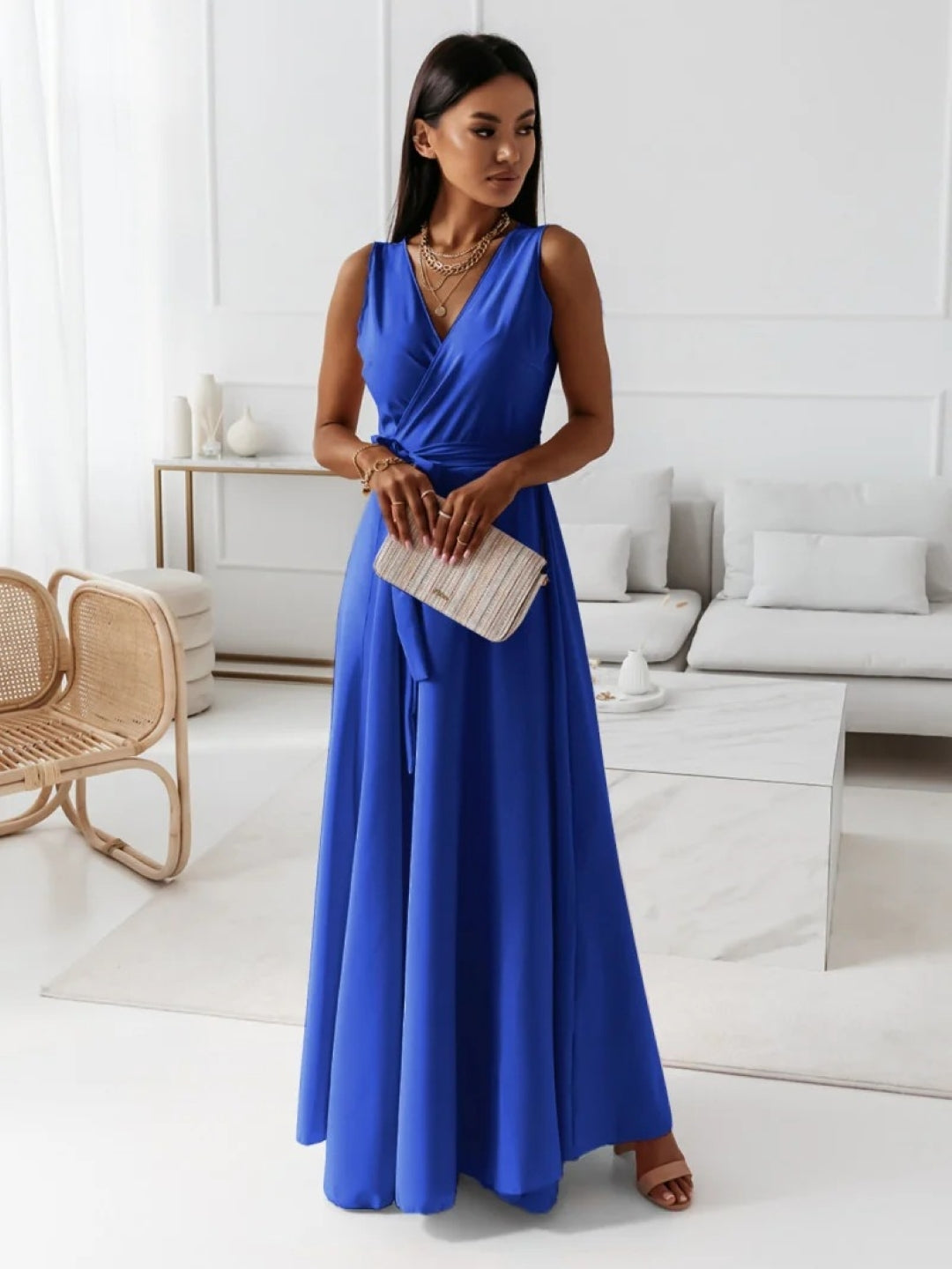 Blue V-Neck Solid Sleeveless A-Line Polyester Maxi Dress