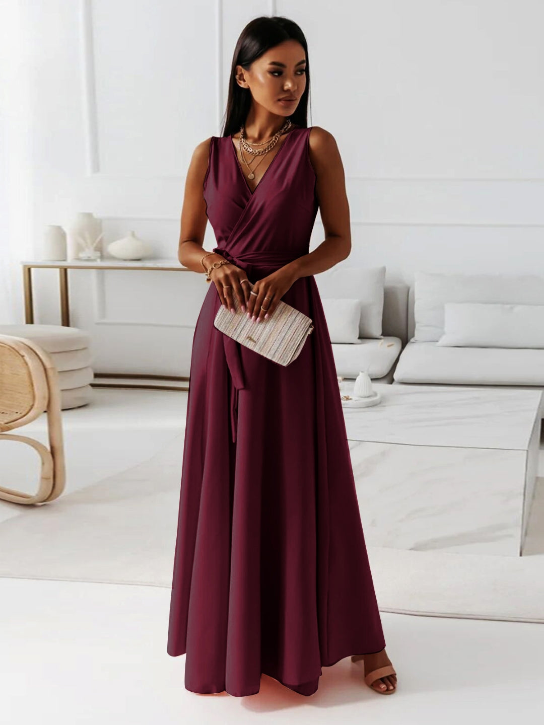 Red V-Neck Solid Sleeveless A-Line Polyester Maxi Dress