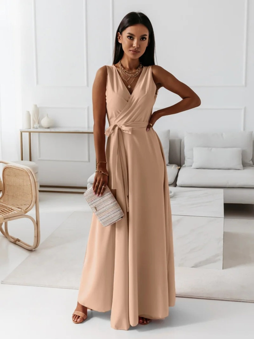 Khaki V-Neck Solid Sleeveless A-Line Polyester Maxi Dress